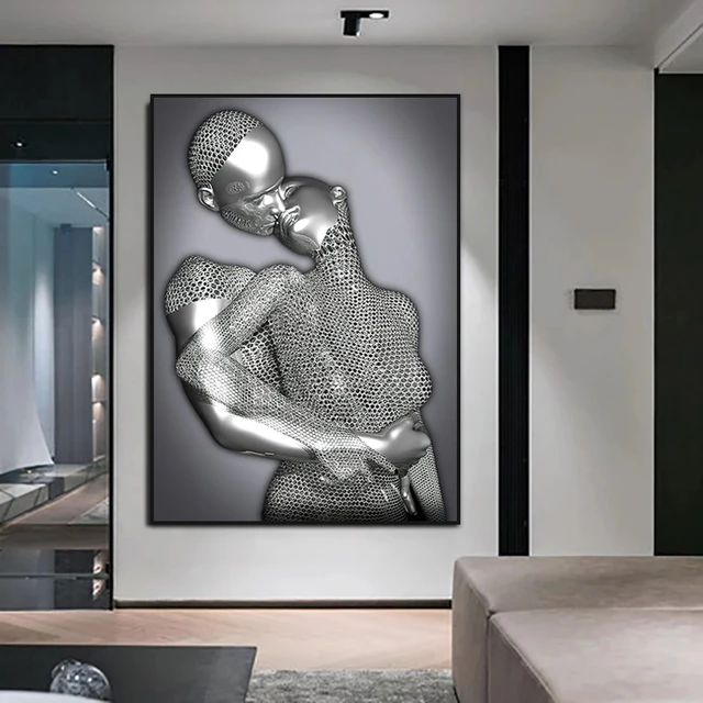 Bedroom Wall Decor, Romantic Couple Living Room Canvas Wall Art, Love Heart  3D Metal Sculpture Effect, Black and White Modern Abstract Lovers Painting