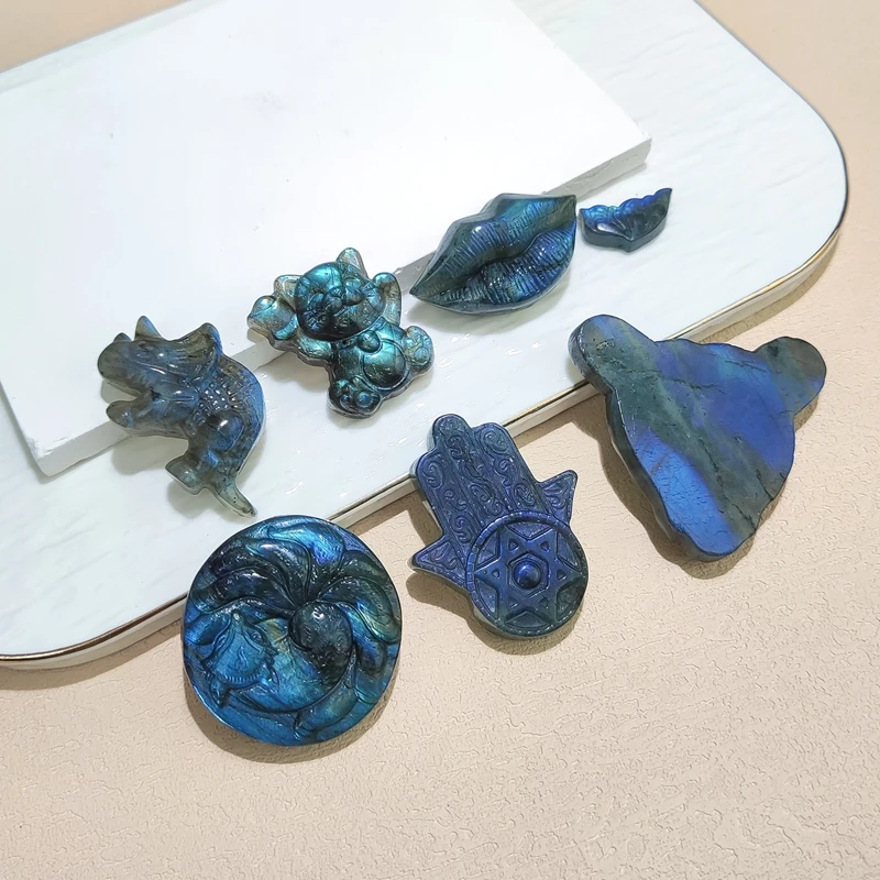 Unique Natural Labradorite  Ornament Hand-carved Leopard Head Fox Cat Healing Crystal for Home Decoration 2