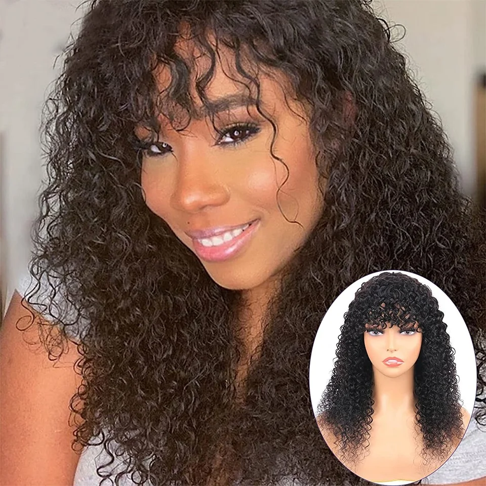 Jerry Curly Human Hair Wigs With Bangs Brazilian Remy Curly Human Hair Wigs For Women Full Machine Made No Lace Curly Fringe Wig