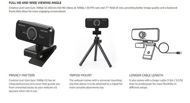 Webcam Creative Live! Cam Sync 1080p V2 - Micro Double, Muet Automatique Pour Appels