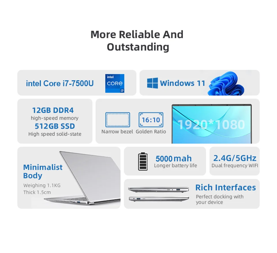 Windows 11 14.1 inch Laptop Computer intel i7 7500U Intel A3950 Laptops 1080P 12GB DDR4 1TB 2TB SSD Portable i7 Laptop Notebook 2