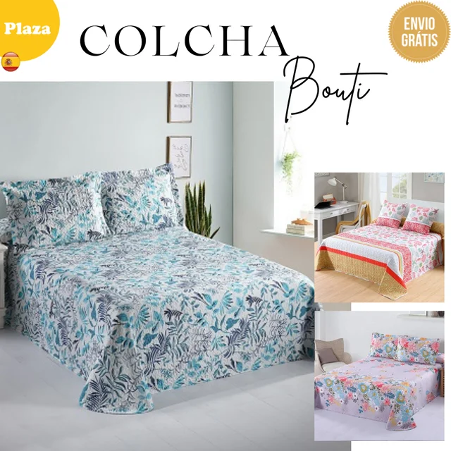 NOVOTEXTIL - Colchas para cama 90, 105, 135, 150. Colcha bouti estampada  para verano, fina. Colcha para cama de matrimonio, cubrecama, quilt,  patchwork, fundas de cojín incluidas, 2 fundas de cojín. Colcha algodón.