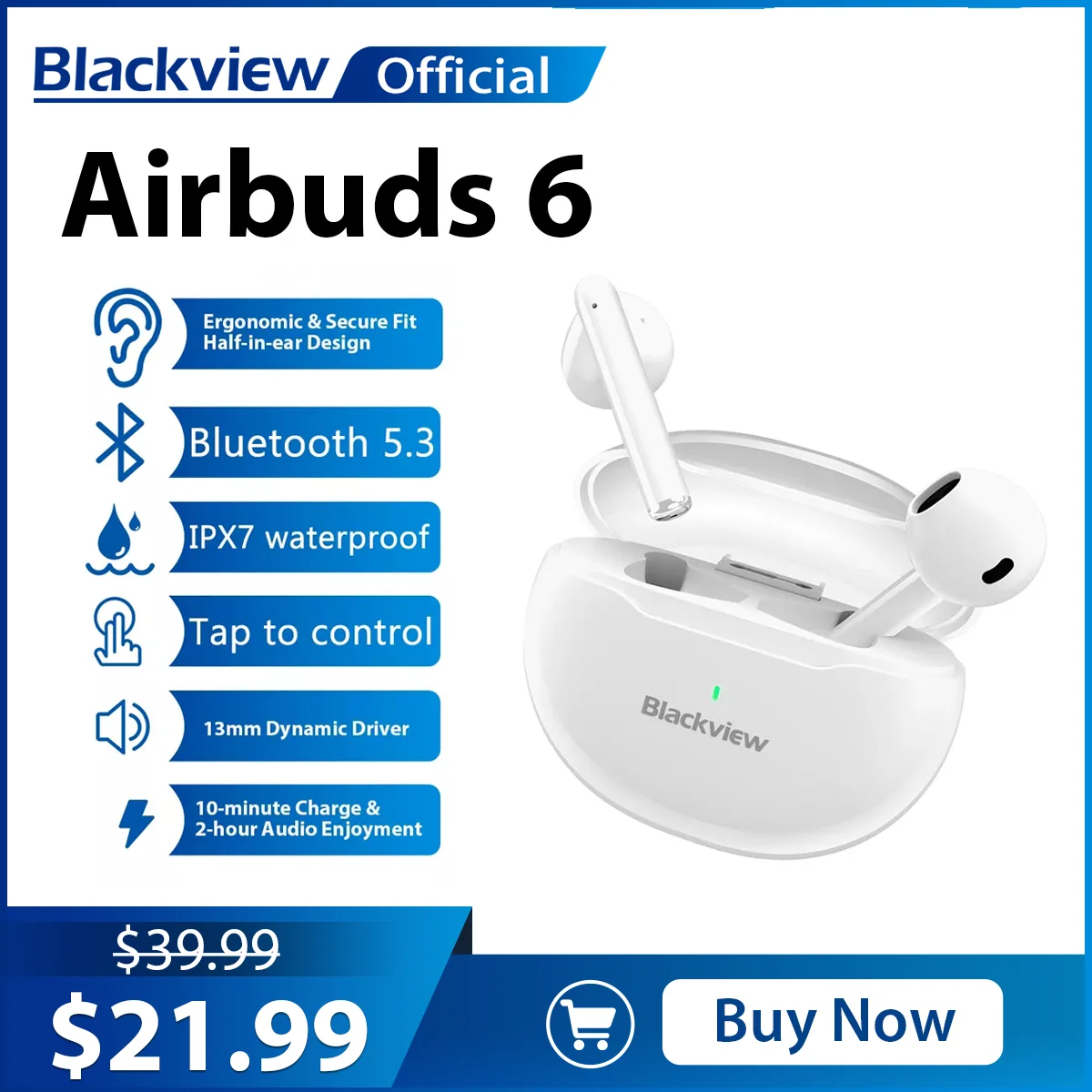 Blackview Airbuds 6 New TWS Wireless Earphone Bluetooth 5.3 Stereo Bass ...