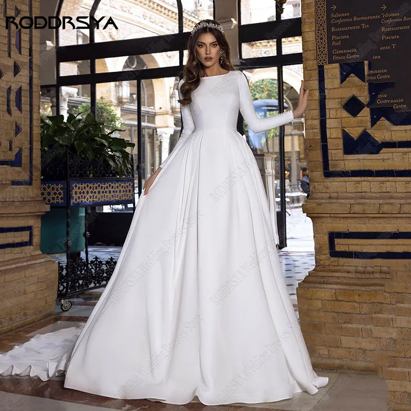 RODDRSYA Simple Satin Wedding Dresses For Women Elegant Long Sleeves Bride Dress A-Line vestidos de novia boda civil Custom Made