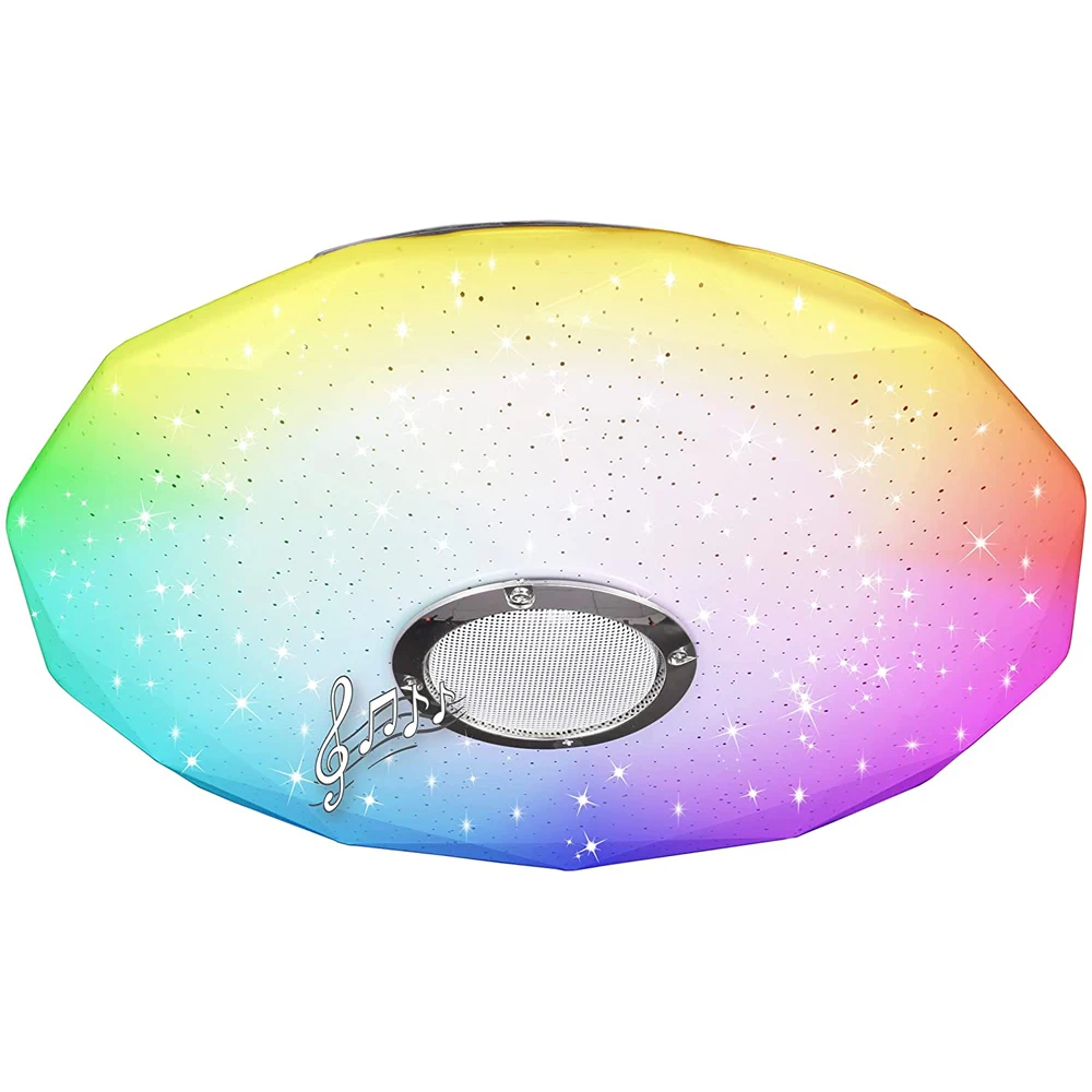 Lámpara inteligente con altavoz por bluetooth, regulable con mando a distancia y mediante APP, Plafón Led con Luz RGB, para Salón, Dormitorio, Cocina, Baño, diferentes modos de vista