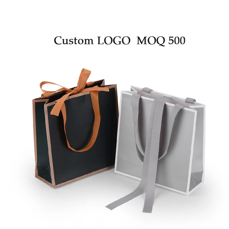 Ribbon shopping handle bags small size paper bag customized printing logo shipping packages