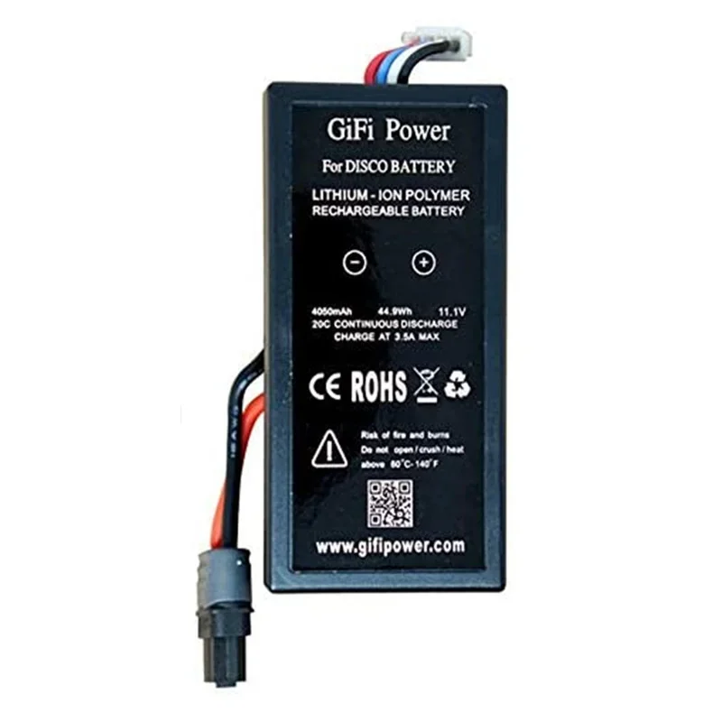 Vue de côté de la batterie LiPo 4050mAh avec les câbles de connexion pour drone Parrot Disco FPV.