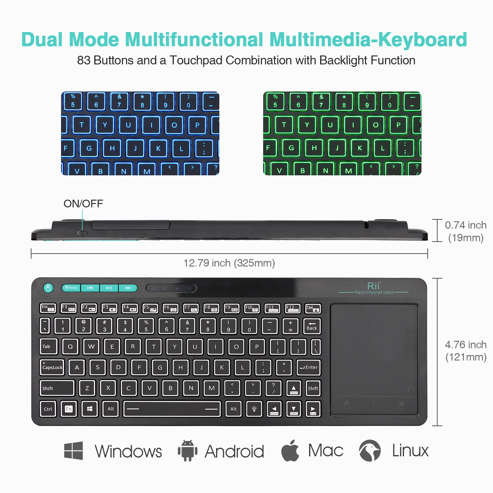 Rii Rt518s Mini Bluetooth sem Fio 2-led Cor Backlit Teclado Multimídia Mouse Rechargable Teclado para Android Caixa de tv pc - Imagem 3