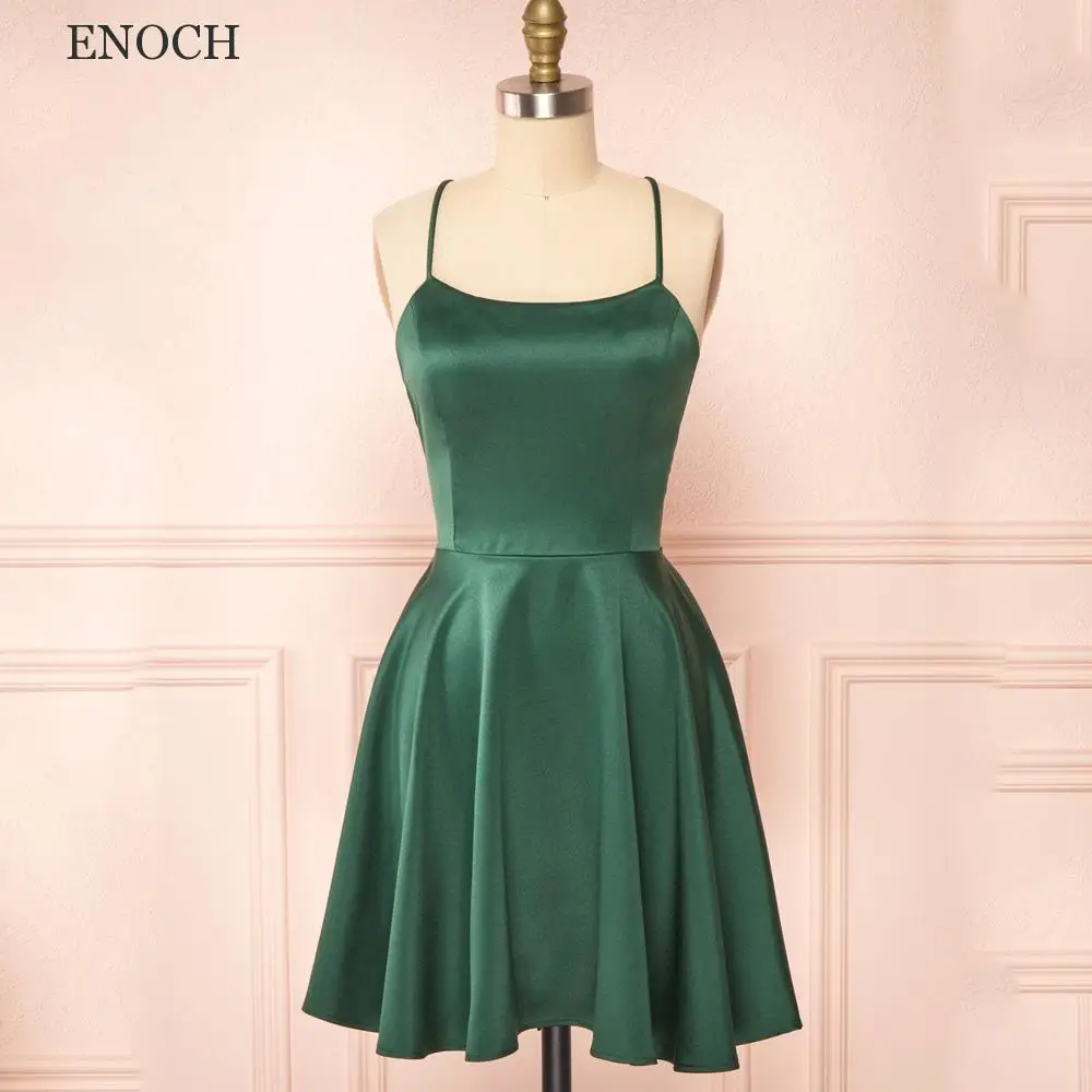 

ENOCH Simple Scoop Sleeveless Mini Cocktail Dresses Spaghetti Straps Backless Green Lace Up Party Dresses Satin Custom Made