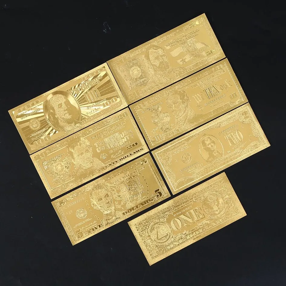24K Gold Banknotes Gold Dollars Euro Antique Plated Commemorative Notes Euro Banknote Ornament Gold Plated Banknote Euro Banknote Crafts Commemorative Banknotes 7pcs/Set Home Decoration