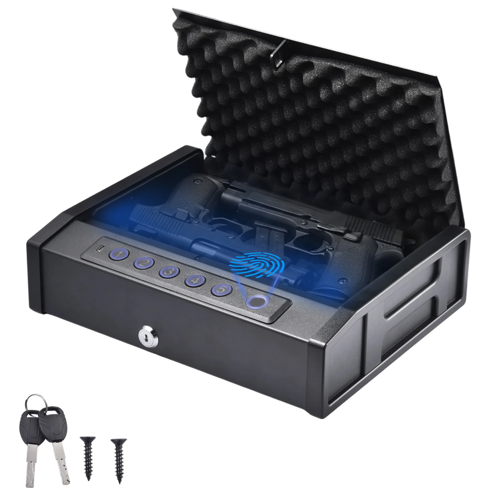 Closed home safe box resting on a flat surface