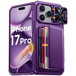 Titanium Rugged Wallet Phone Case with Card Slot & Slide Camera Protection, Anti - Fingerprint - Case & Strap (PURPLE)