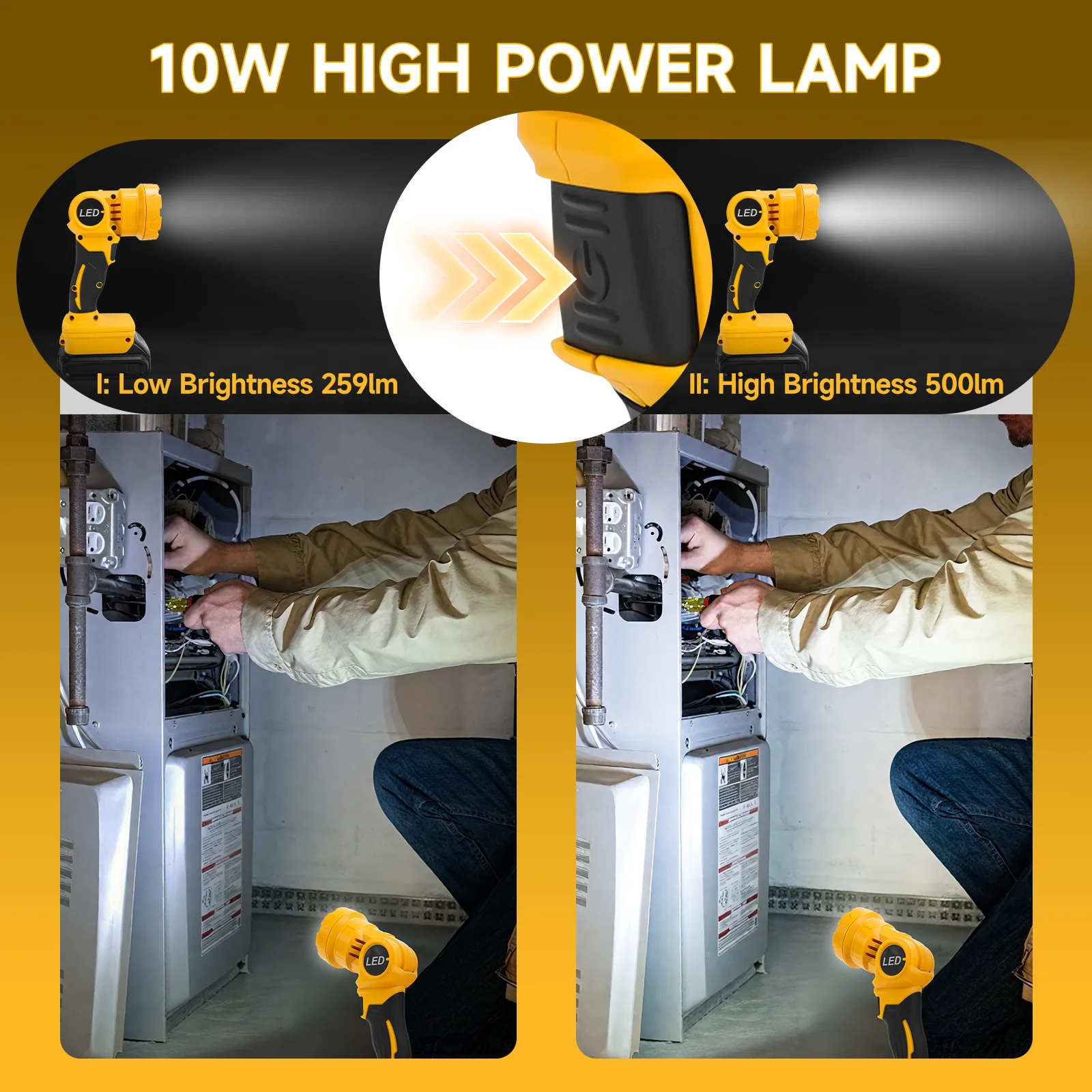 Cordless LED Work Light for Dewalt 20V Battery 10W 500LM 2 Lighting Mode Portabl