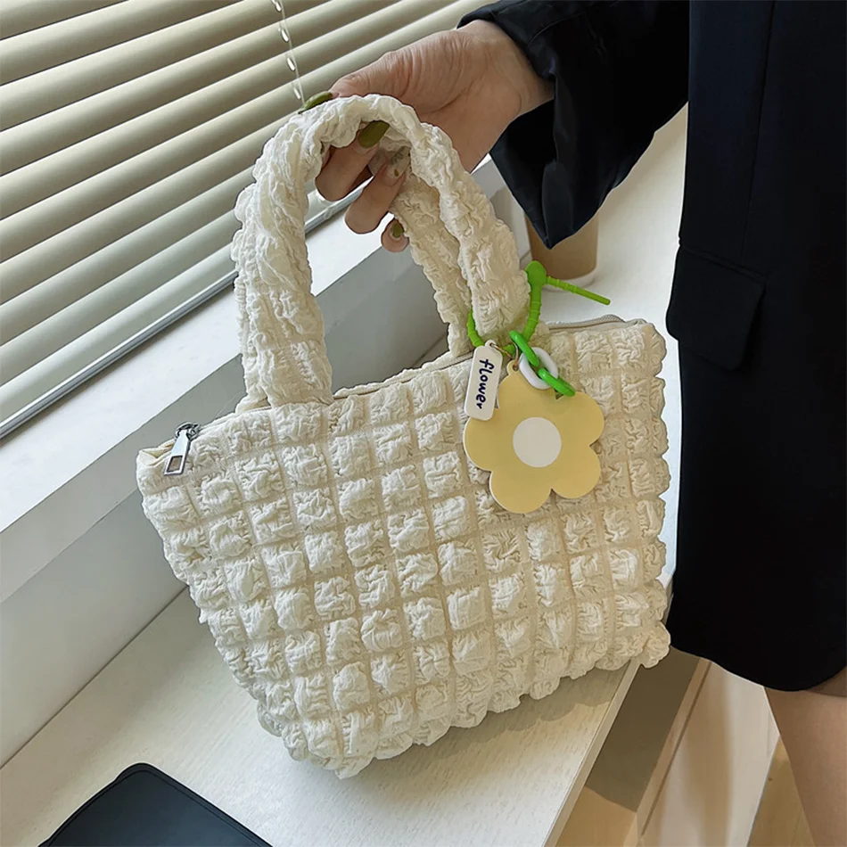 

Korean Style Cute Bubble Flower Hand Bag Casual Plaid Shoulder Bag Sweet Girls Lunch Bag with Zipper Women Shopper Purses Female