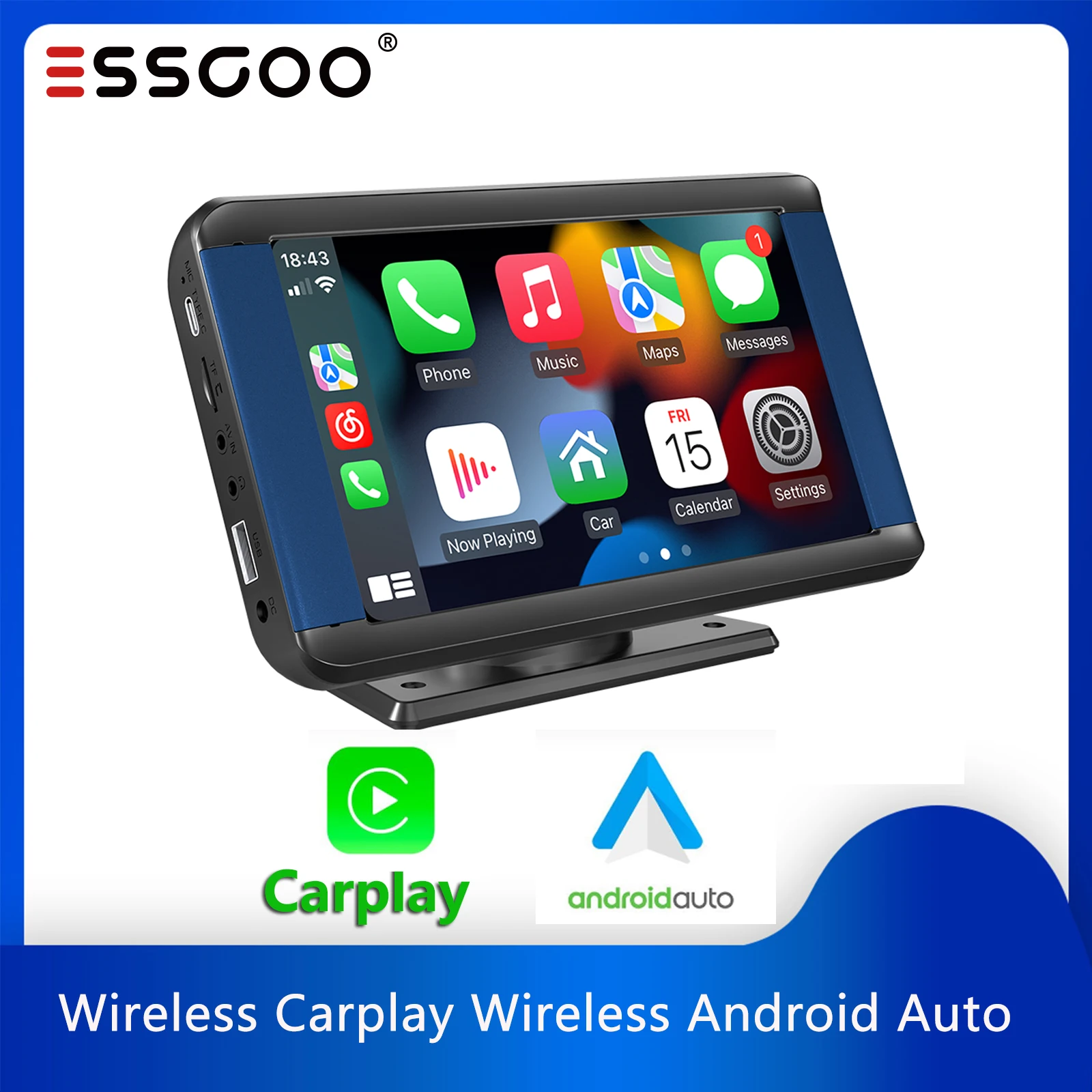 Essgoo Carplay Monitor Portable Wireless Carplay Wireles Androidauto 7 Inch Screen Bluetooth