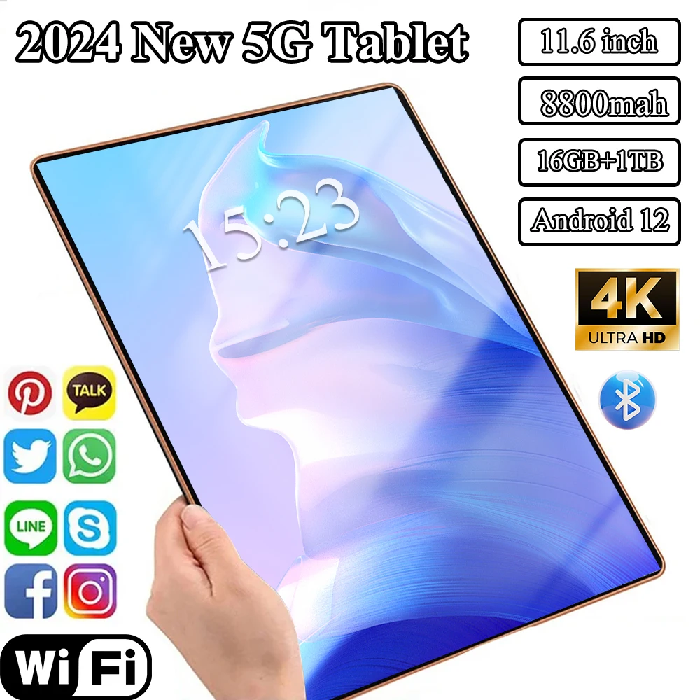 Tablette 5G Android 2024, 11.6 pouces, 12.0 mAh, 16 Go de RAM, 1 To, Dean Wifi, 10 cœurs, réseau PC, Global, tout neuf, 8800