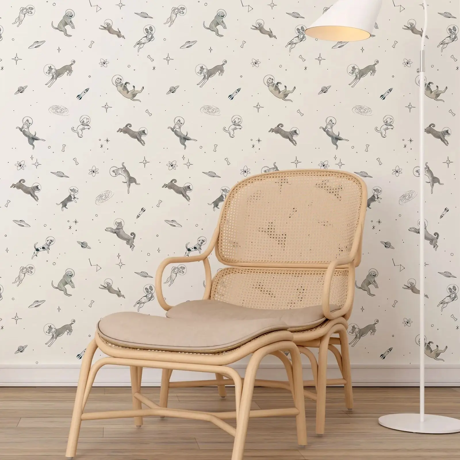 

Doggy Gravity Light wallpaper, Animal design Wall paper for Kids with Various of dogs fly in the Space in Beige and Nude tones