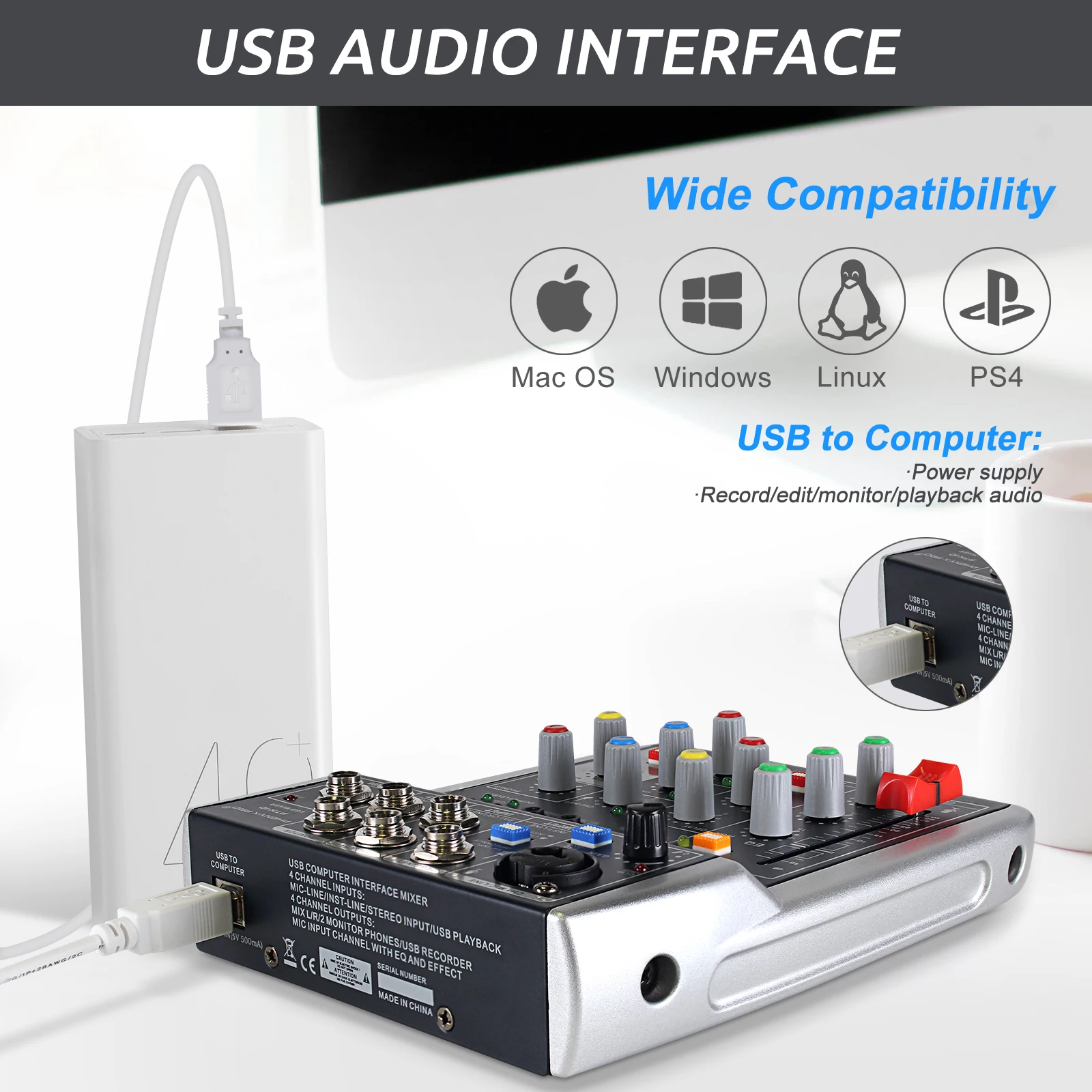 

4-Channe USB Audio Interface Mixer,3-Band EQ, Echo Effects, Audio Mixer with Interface to PC for Live Streaming Recording