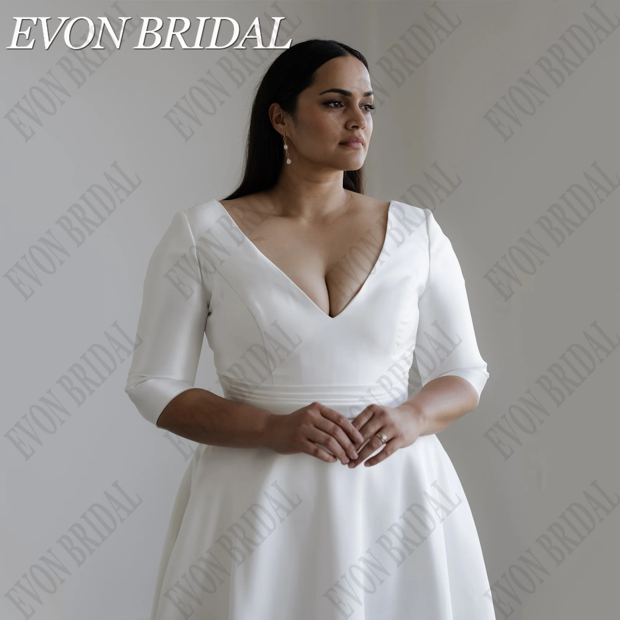 EVON BRIDAL Deep V-Neck Plus Size Wedding Dresses For 2024 Bride Backless 3/4 Sleeves Satin A-Line Custom Made Bride Gowns 3
