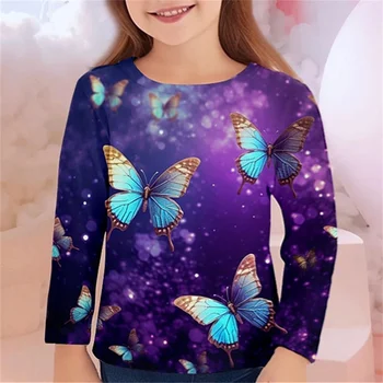 소녀용 귀여운 나비 티셔츠, 어린이 의류, 생일 선물, 2023 가을, 10-12 세 청소년