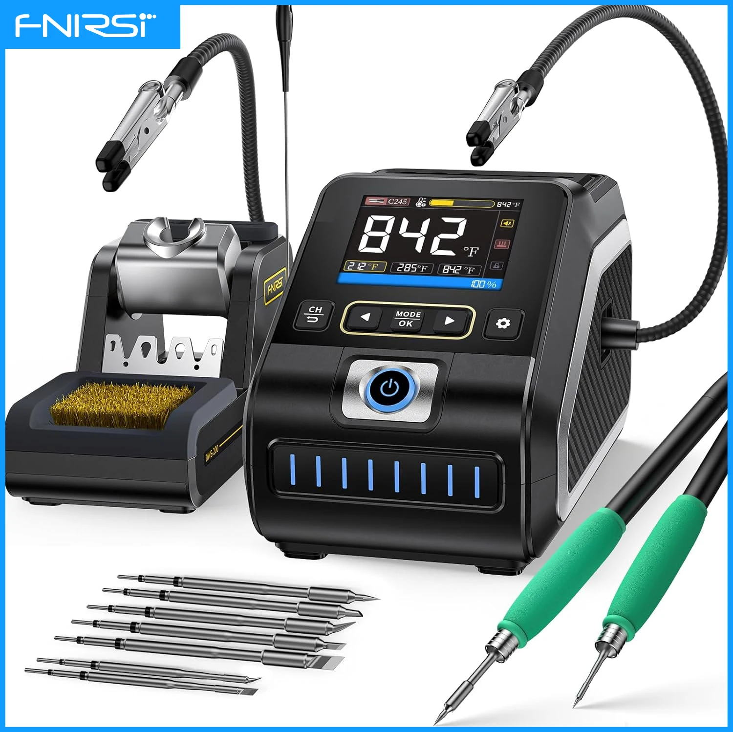 Station de soudage DWS-200 avec trois pointes F210, câble et support, sur fond noir.