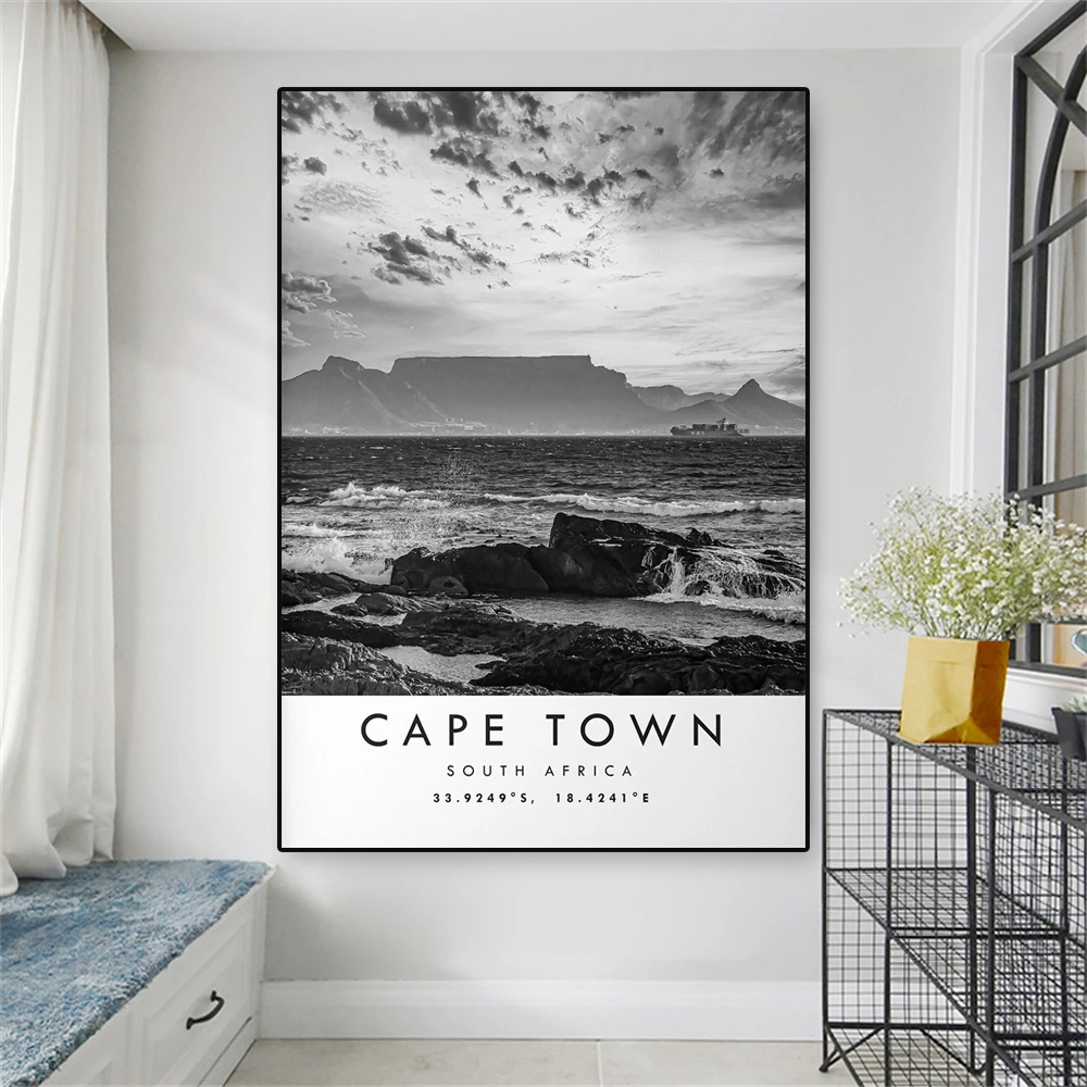 Cape Town Travel Print Black and White Travel Poster Vintage South