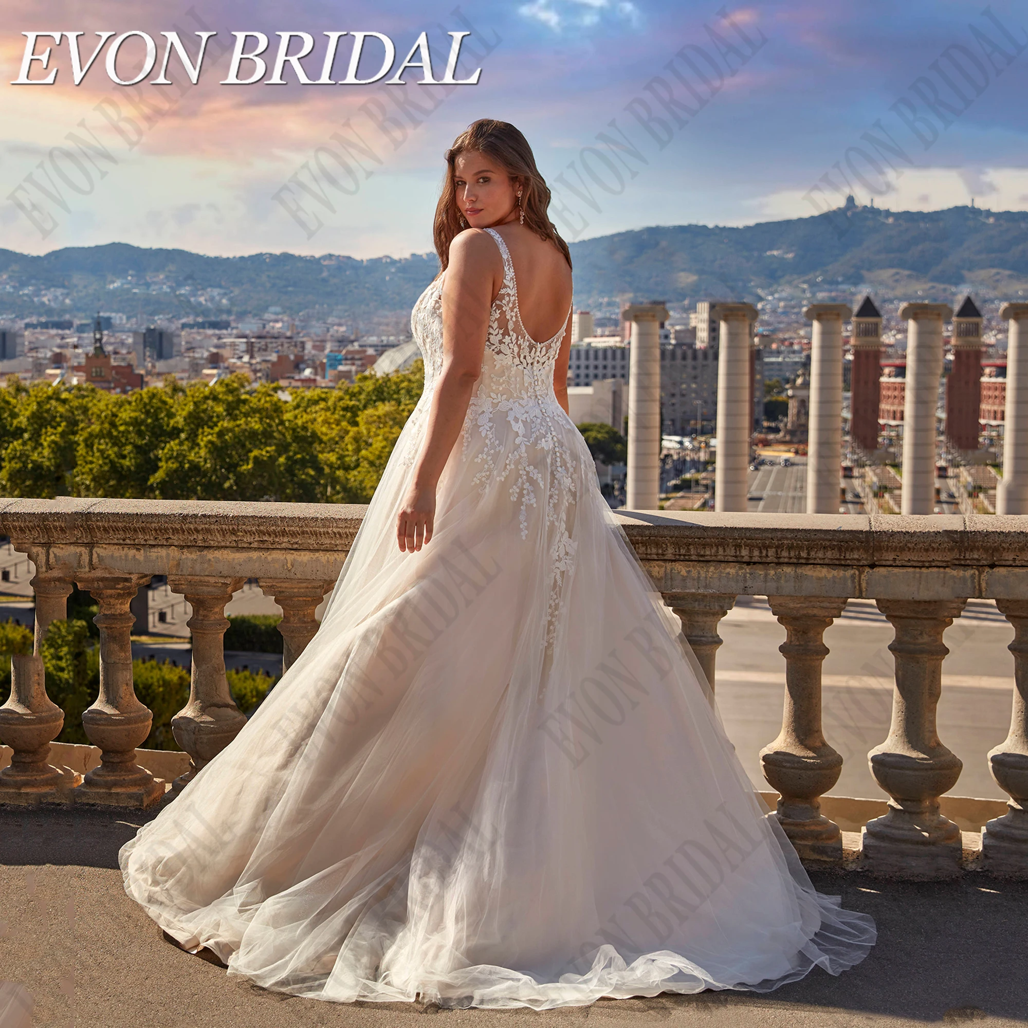 EVON BRIDAL Oversize Wedding Dresses 2024 Bride Sleeveless A-Line V-Neck Tulle Boho Vestidos De Novia Applique Button Back 2