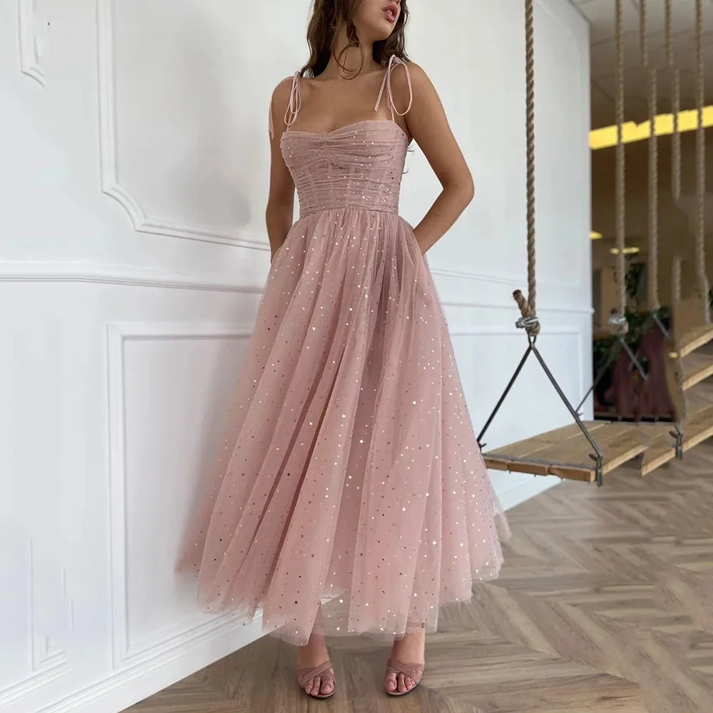 

Elegant Pink Pleated Cropped Prom Dress Lace Tulle Sleeveless Sling Evening Dress Sequin Ruffle Puff Party Dress Vestido De Gala