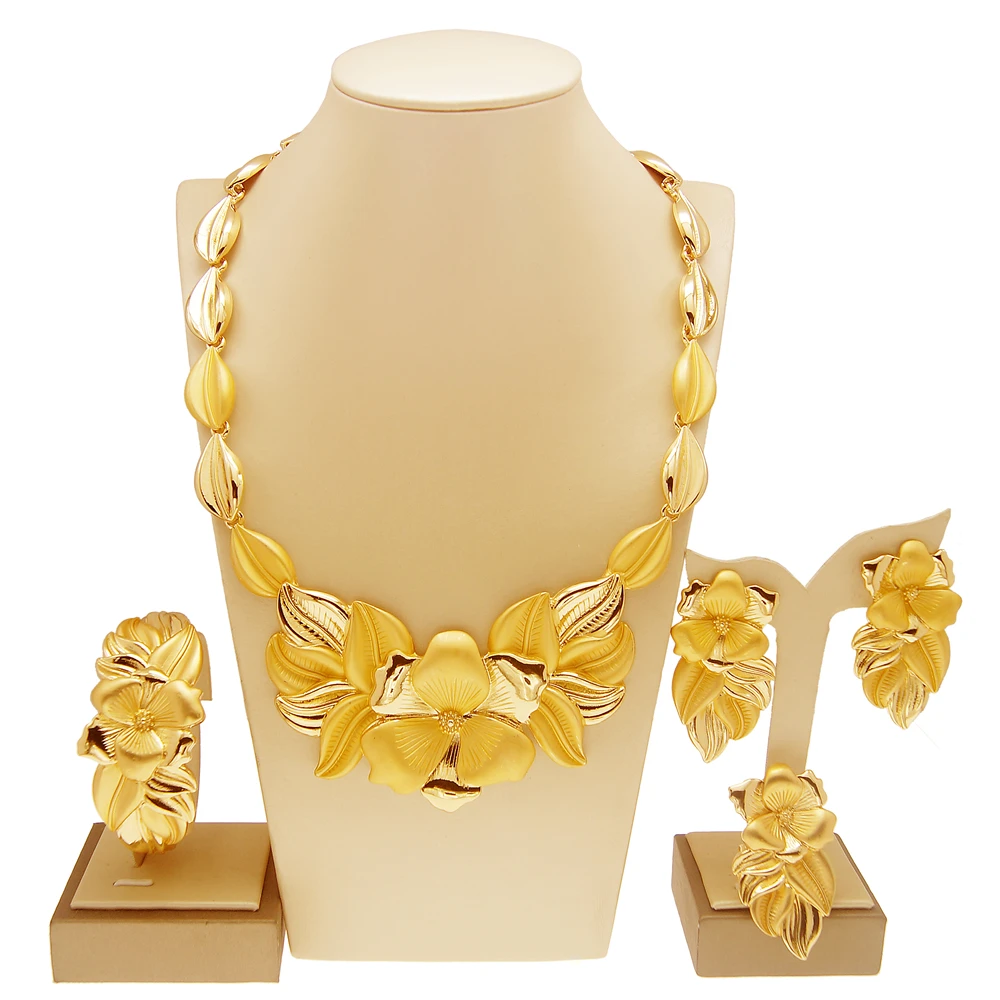 Collana da donna orecchini anello bracciale Set di gioielli ciondolo gemma  placcato oro lusso Nigeria Dubai Set di gioielli in oro da donna -  AliExpress