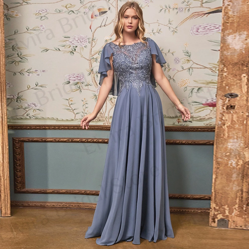 

Classic Chiffon Mother of the Bride Dresses Floor Length A-Line with Applique Sequins Beads Short Sleeve Boat Neck Backless