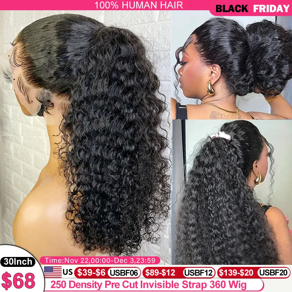 250 Density Deep Curly Wave 360 Full Hd Lace Front Human Hair Wig Water Wave 13X6 Lace Frontal Wig Glueless Wig 100% Human Hair