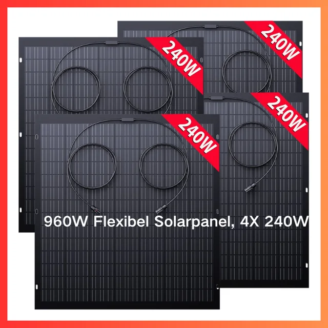 Panneau solaire flexible IP67 monocristallin 240W 19.6VDC, lot de 4 modules PV extérieurs 960W pour système de charge de balcon, camping-car et bateau 1