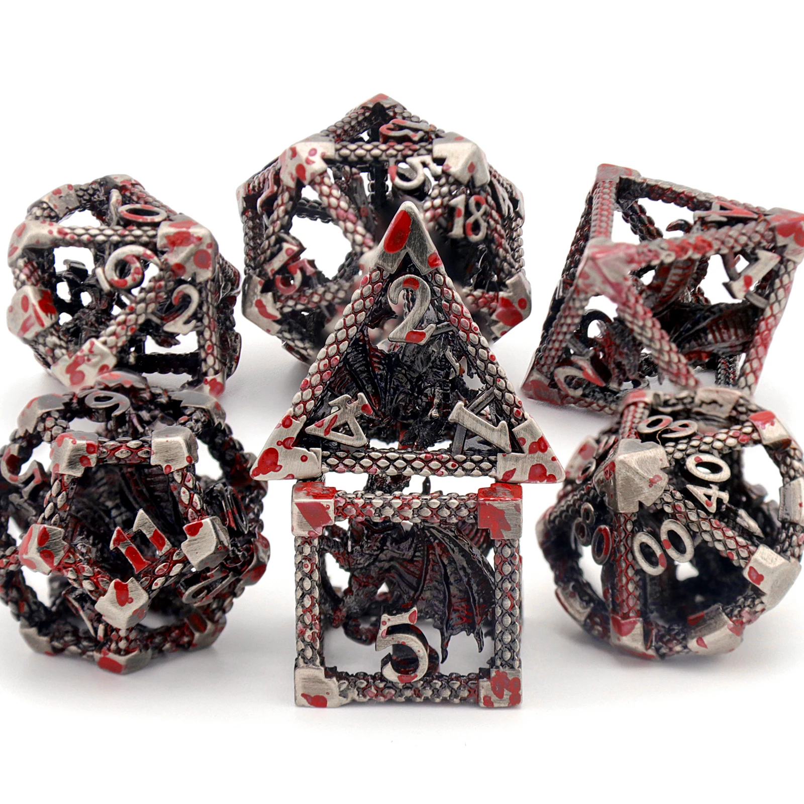 DND Dice Set Polyhedral Dice Set Hollow Imprisoned Dragon Dice D&D Game Dice(3D Blood Spot)