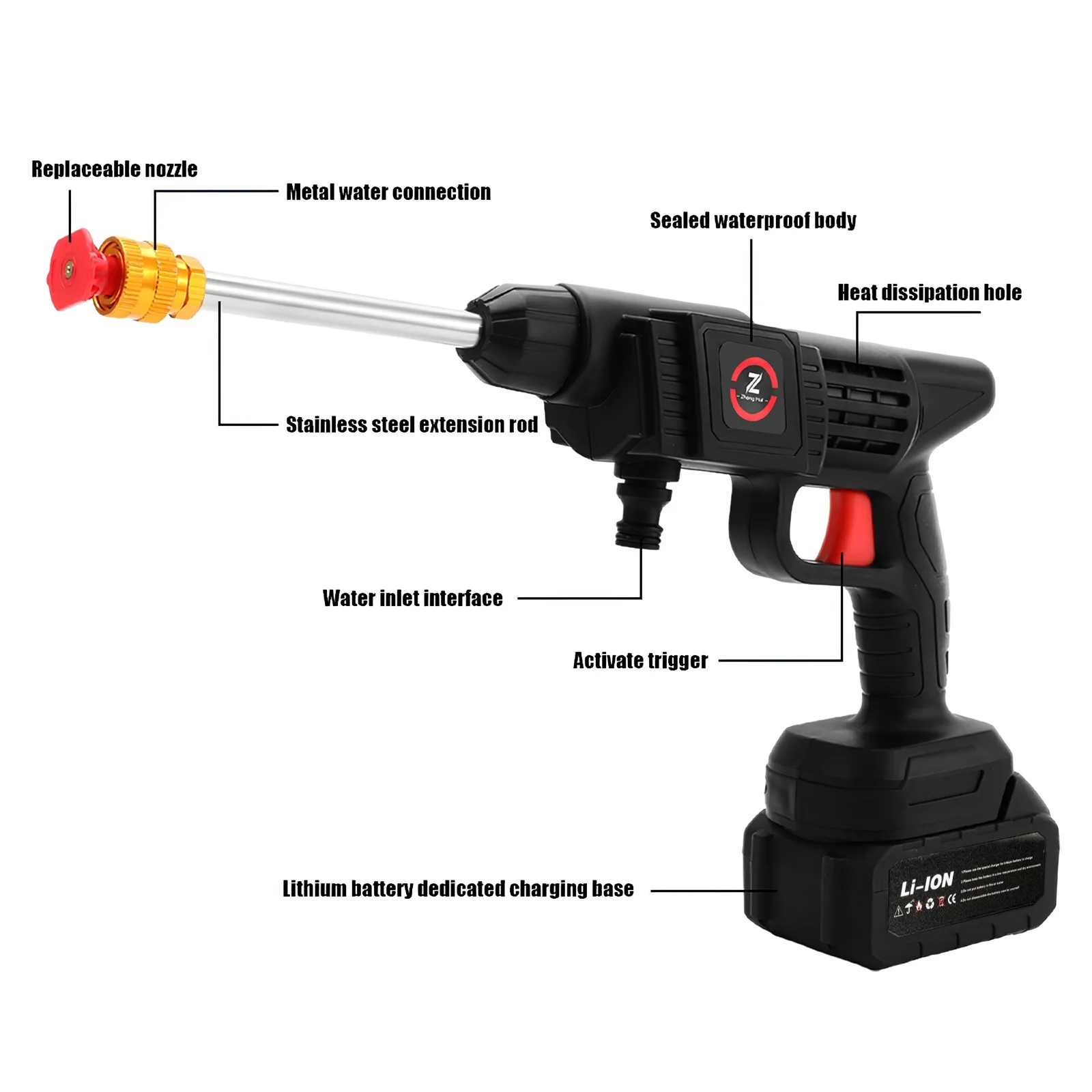 Included accessories such as hose, nozzles, and battery pack