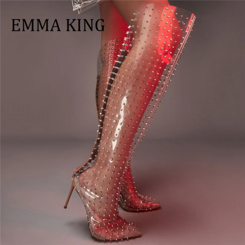 

Women Clear Thigh High Boots Female PVC Spike Embellished Knee Boots Sexy Pointed Toes Stiletto Heels Woman Botas De Mujer 2022