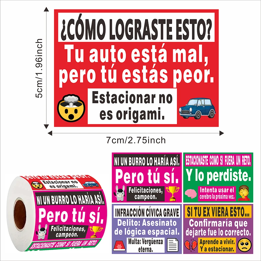 Spanish Parking Sticker Set - 150 Pcs, 5 Humorous Designs, Matte Finish, Self-Adhesive, 7x5cm