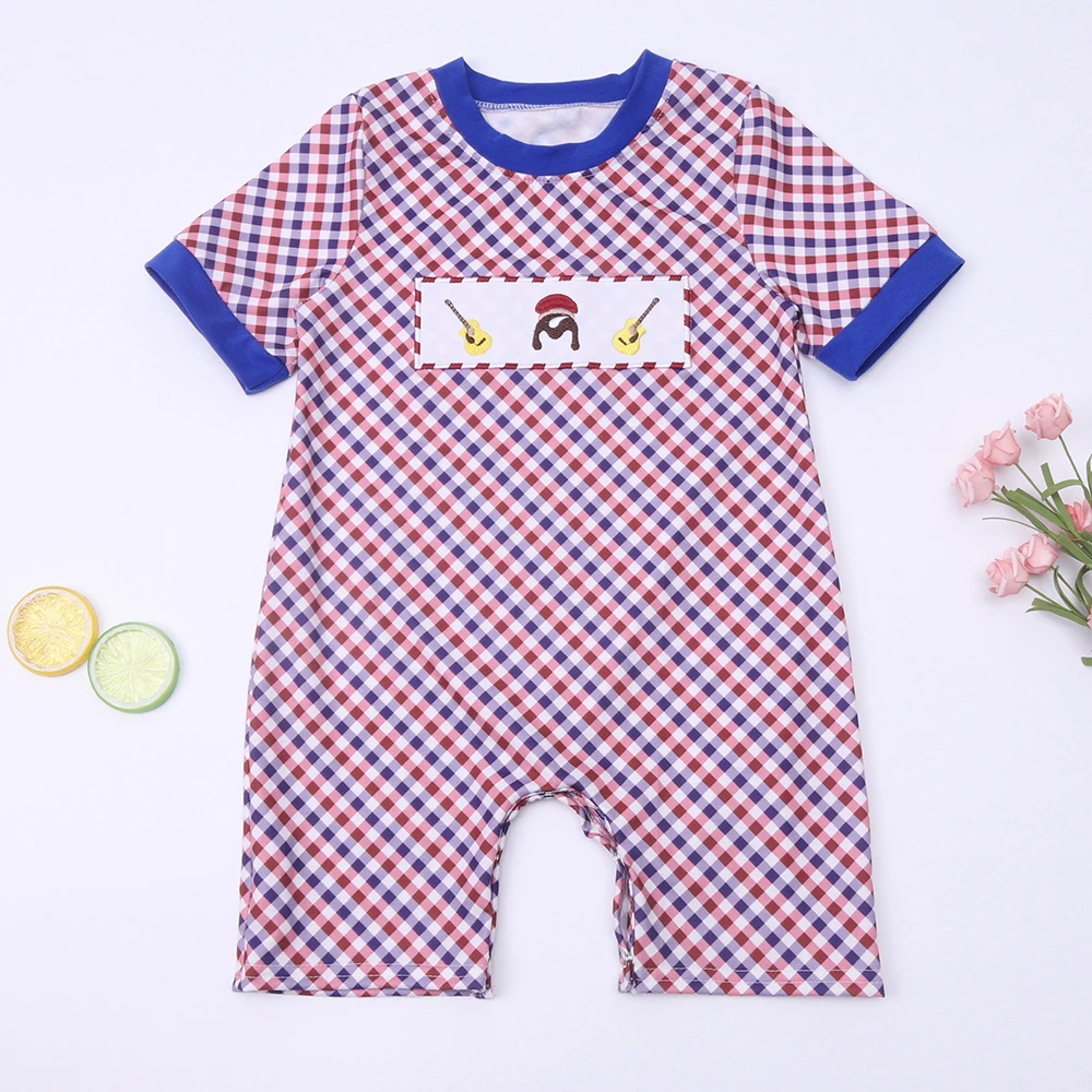 

New Born 0-3T Jumpsuit Baby Boy Clothes West Cowboy Embroidery Bubble Infant Romper Sleeve Shorts Bodysuit Red Lattice Outfits