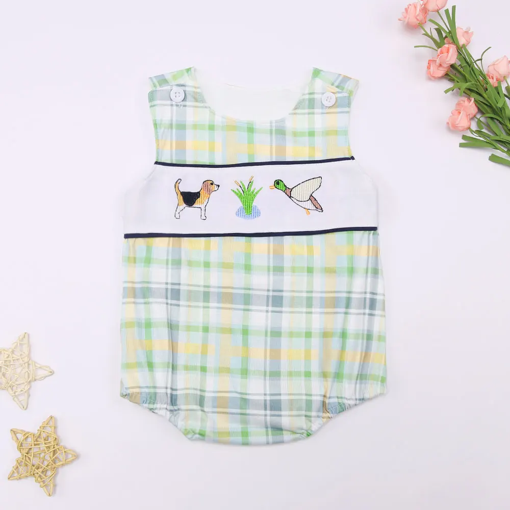 

New Born Lattice Jumpsuit Baby Boy Clothes Puppy Duck Embroidery Bubble Infant Romper Kids Short Children's Bodysuit 0-3T Outfit