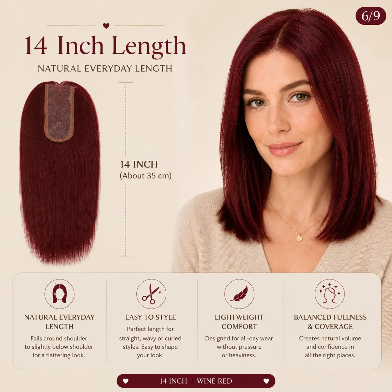TUW22 Topper per capelli rosso ciliegia in PU, per donne con capelli diradati, pezzo di capelli umani per persone con perdita di capelli, topper in capelli umani - immagine 6