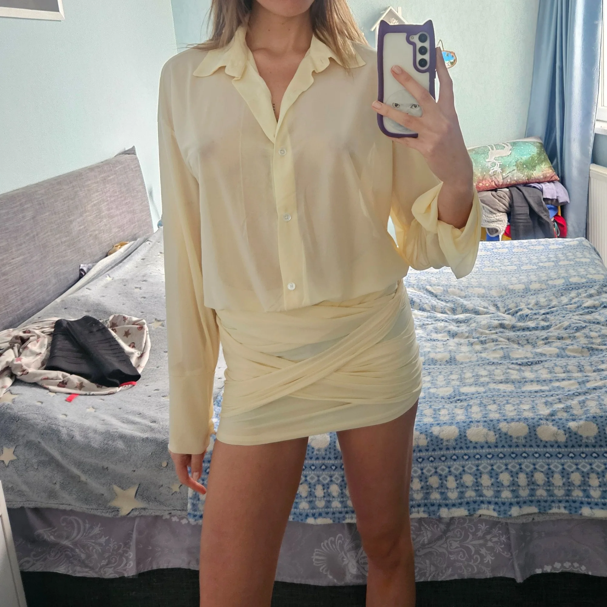 Elegant Yellow A-Line Shirt Dress with Turn-Down Collar photo review