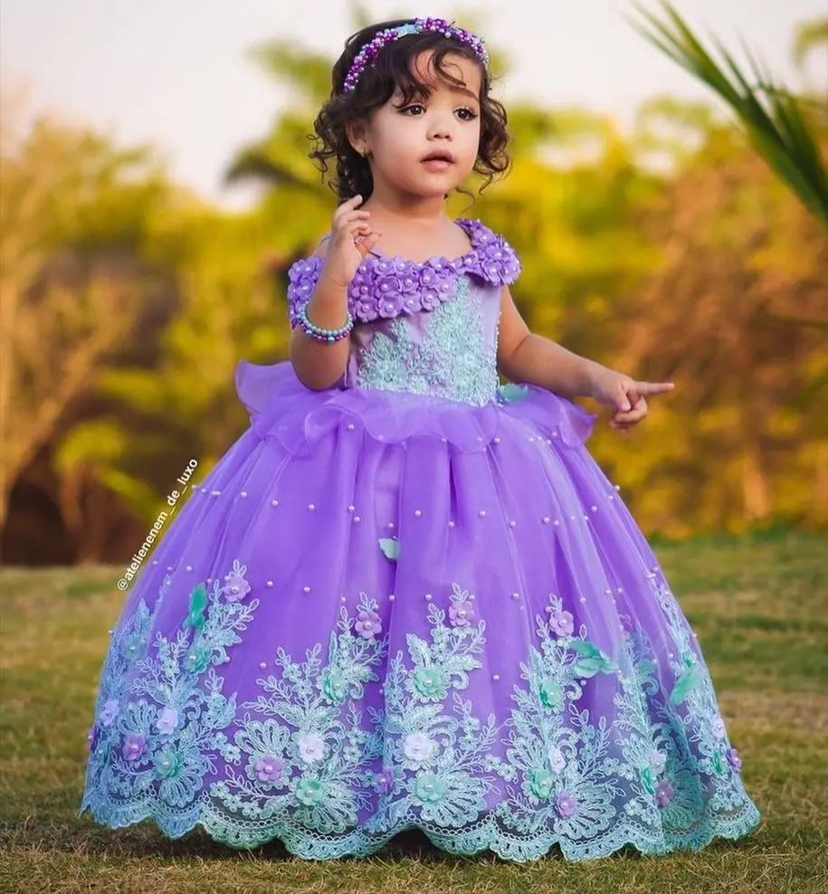 

Light Purple Flower Girl Dresses For Photoshoot Pearls Litter Kids Pageant Gown Birthday Party Lavender First Communion Dress
