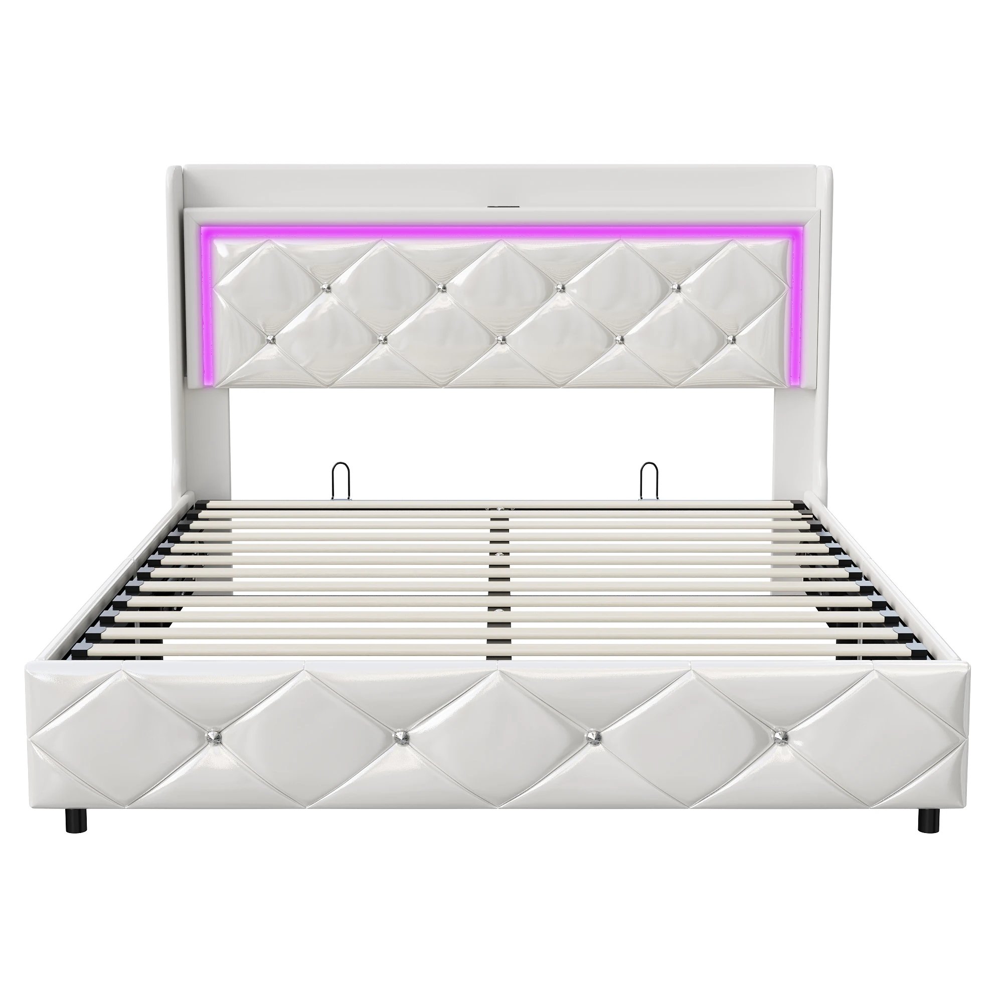 Anajqaqia 140x200cm Polsterbett, Erwachsenenbett, Hydraulisches Bett mit Stauraum, mit LED-Beleuchtung und USB-Ladefunktion, PU, Weiß – Detail 11