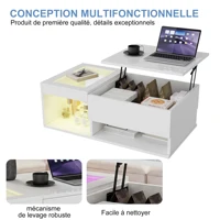 Table Basse Relevable avec Éclairage LED, 100x55x35-50cm, Table Basse Blanche Brillante , Table de Salon Rectangulaire avec Compartiments Cachés et Rangement Ouvert, Table d'appoint Moderne pour Salon et Chambre 5