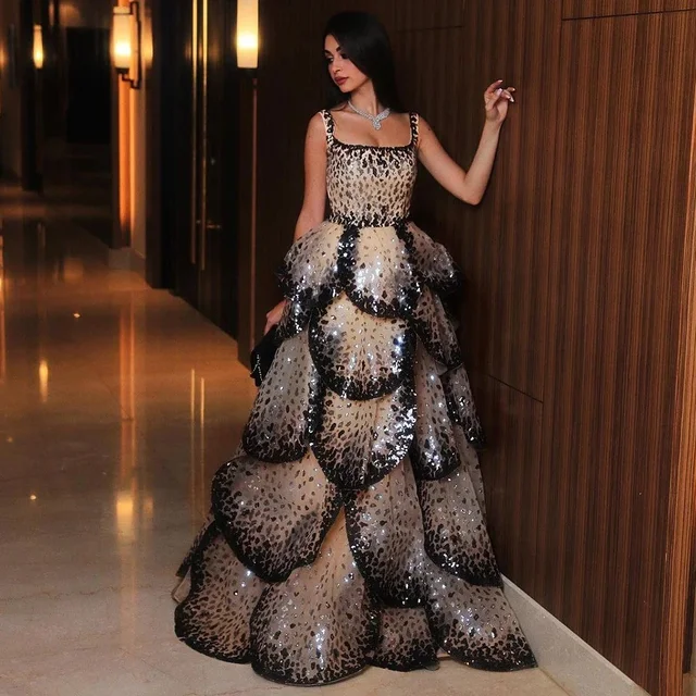 Luxury Dubai Aline Evening Dress for Women 2025 Sequin Tiered Ruffles Elegant Long Formal Prom Wedding Party Gowns Customized 2