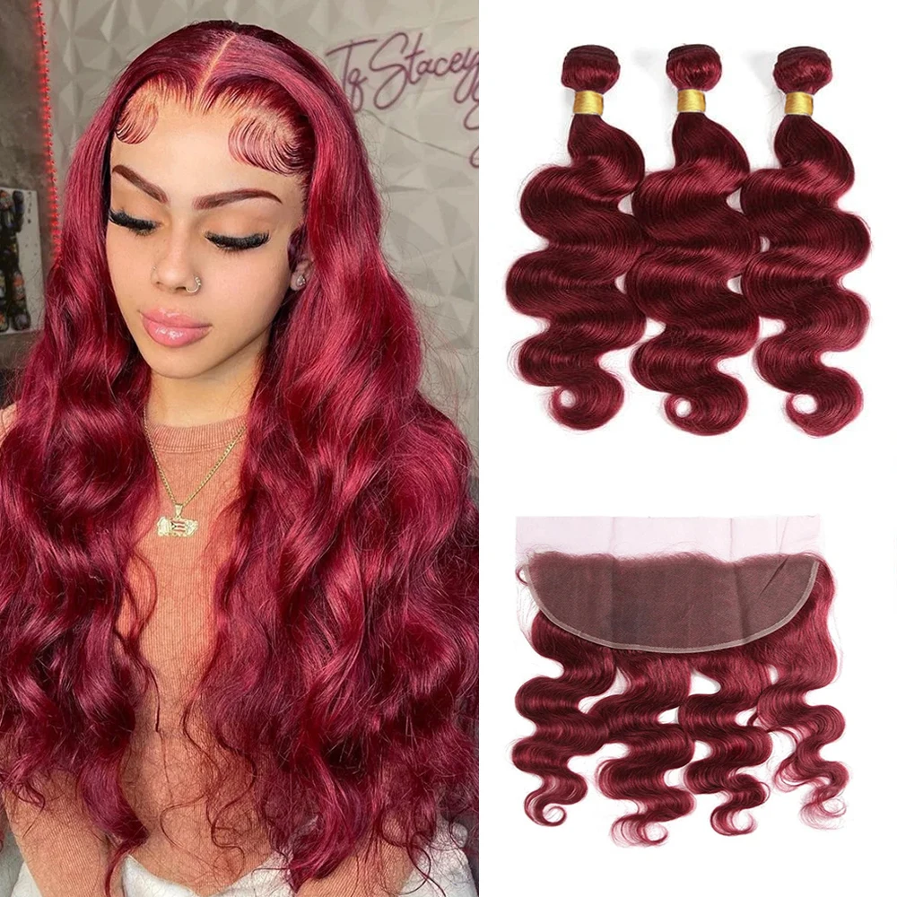 Body Wave 99J Burgundy Human Hair Bundles with Closure Frontal 13x4 Transparent Lace Frontal Brazilian Wine Hair Extenstion Remy