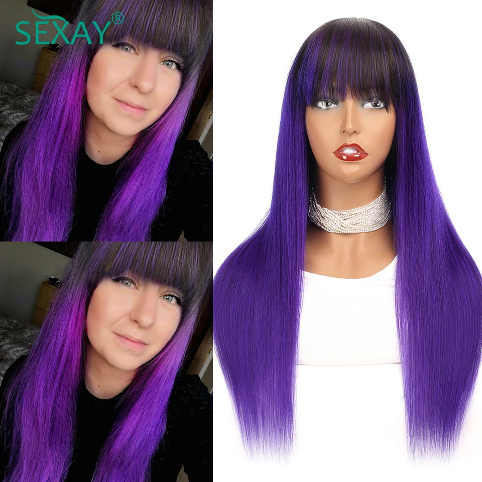 

1B фиолетовые парики с челкой, человеческие волосы 8-28, 180 плотность, Омбре, красный, розовый, бордовый, парик с бахромой, безклеевые цветные человеческие волосы, парики