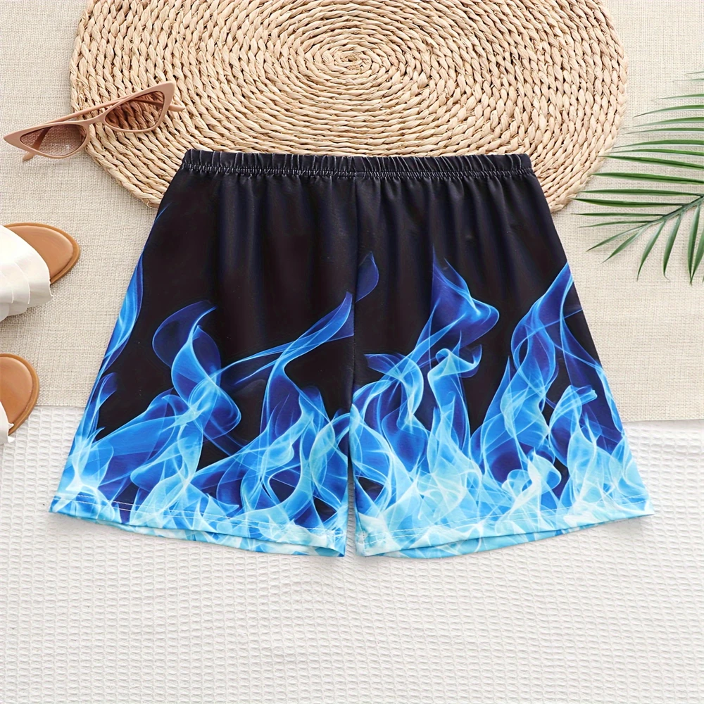 24 Summer Children's 3D Colorful Flame Print Shorts Leggings Quick-Drying Sports Casual Pants Comfortable for Outdoor Picnics