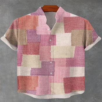 Hawaiian men's linen shirt abstract patchwork pattern art print shirt beach vacation daily outing men's wear