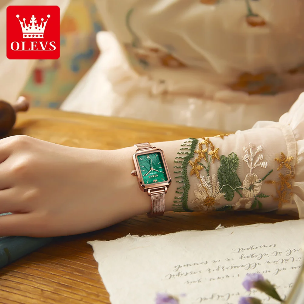 OLEVS Brand Women Wristwatches Bracelet Set Fashion Square Ladies Quartz Watch Waterproof Green Dial Simple Luxury Women Watches