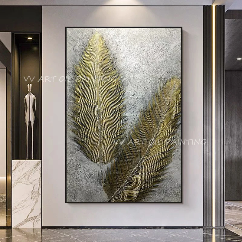 

Natural Abstract 100% Handmade landscape gold foil leaf thick oil painting for home living room porch decoratin as a gift